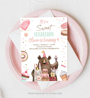Editable Sweet Celebration Birthday Invitation Sweet One 1st Girl Donut Sweet Shoppe Animals Digital Download Printable Template Corjl 0373