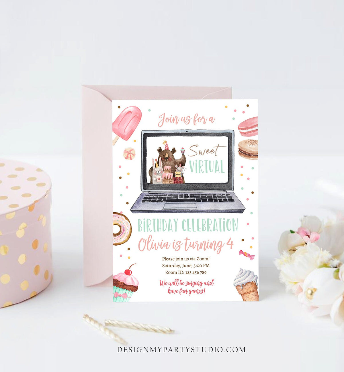 Editable Virtual Birthday Invitation Sweet Birthday Party Quarantine Video Chat Donut Zoom Digital Download Printable Template Corjl 0373