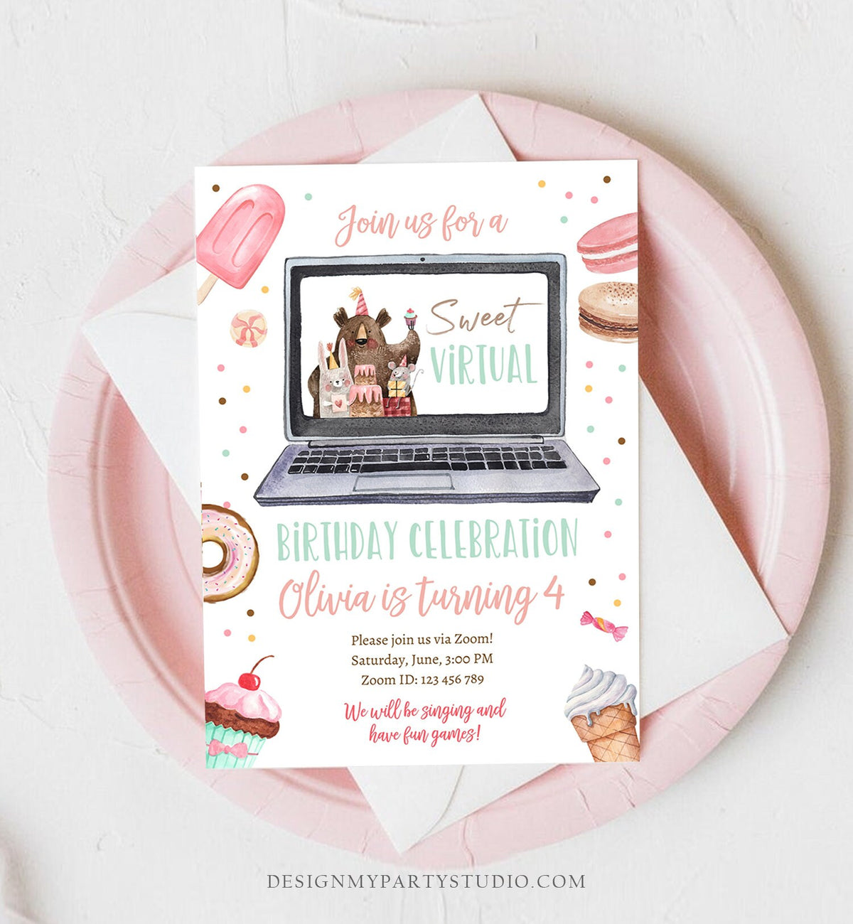 Editable Virtual Birthday Invitation Sweet Birthday Party Quarantine Video Chat Donut Zoom Digital Download Printable Template Corjl 0373