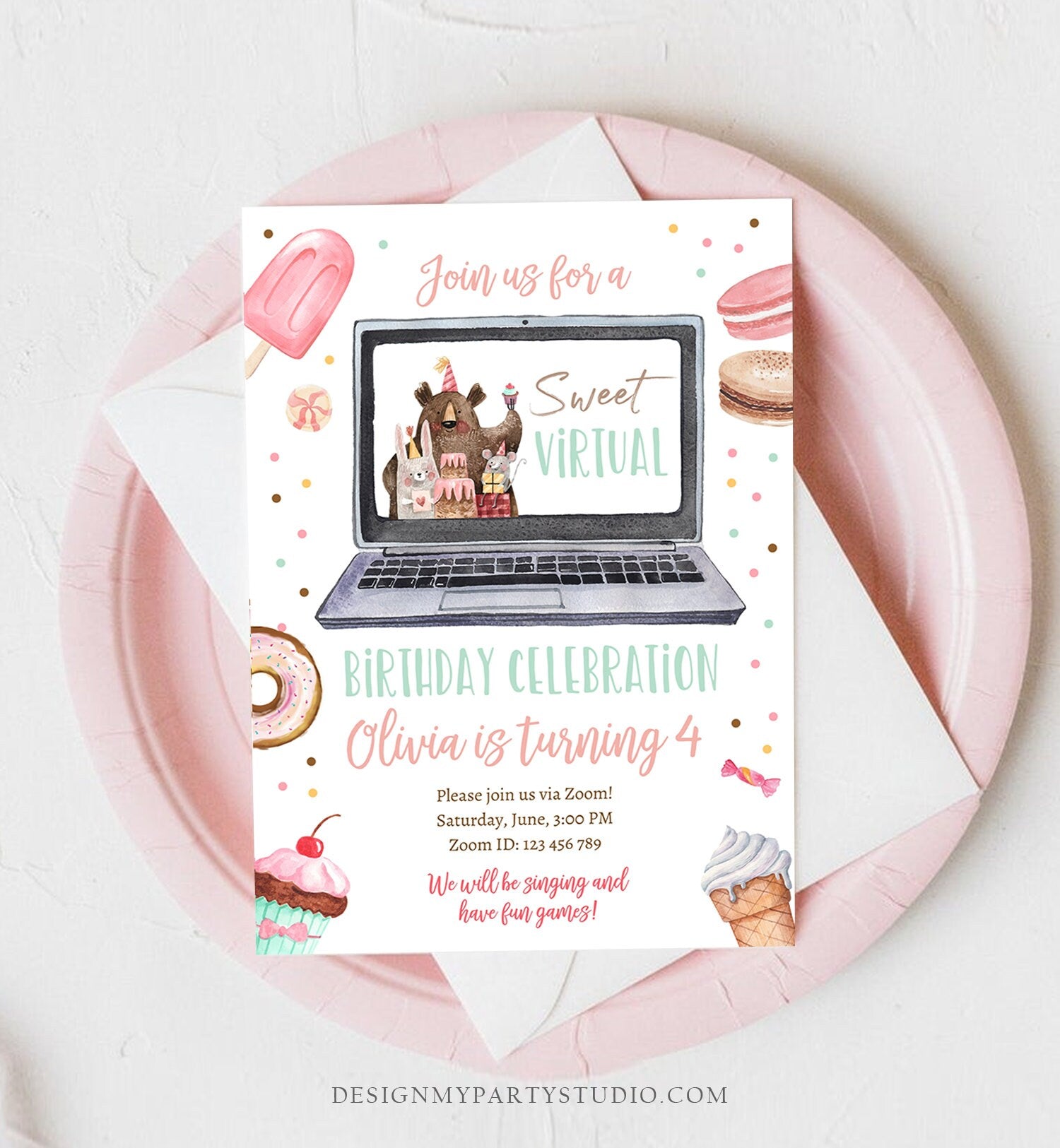 Editable Virtual Birthday Invitation Sweet Birthday Party Quarantine Video Chat Donut Zoom Digital Download Printable Template Corjl 0373