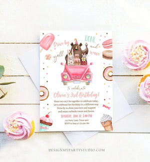 Editable Drive By Birthday Parade Invitation Virtual Party Invite Honk Wave Car Girl Pink Sweets Candy Instant Download Digital Corjl 0373