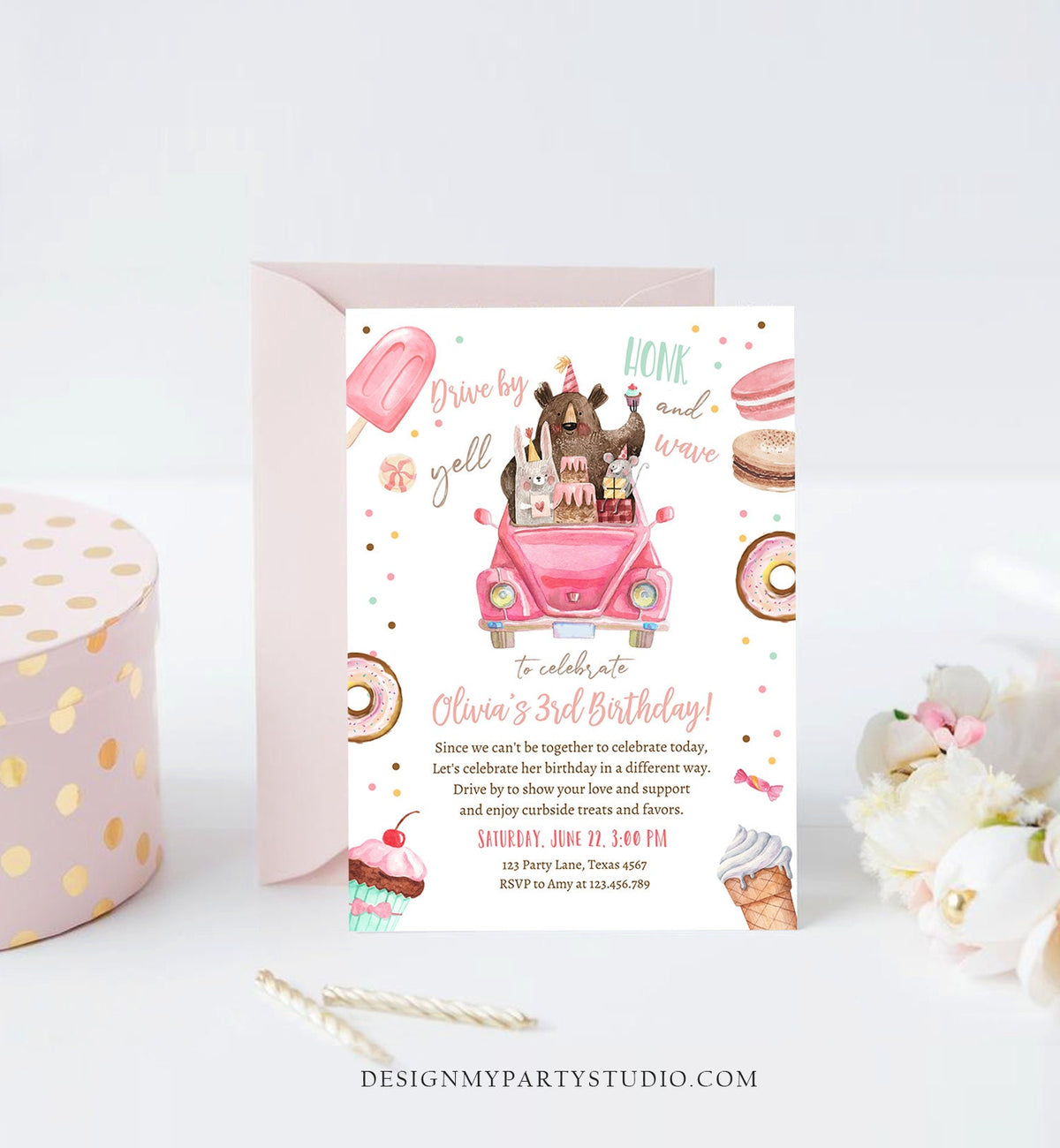 Editable Drive By Birthday Parade Invitation Virtual Party Invite Honk Wave Car Girl Pink Sweets Candy Instant Download Digital Corjl 0373