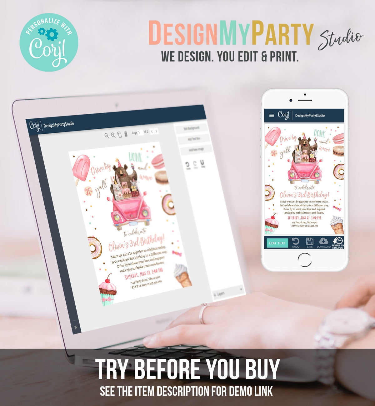 Editable Drive By Birthday Parade Invitation Virtual Party Invite Honk Wave Car Girl Pink Sweets Candy Instant Download Digital Corjl 0373