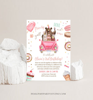 Editable Drive By Birthday Parade Invitation Virtual Party Invite Honk Wave Car Girl Pink Sweets Candy Instant Download Digital Corjl 0373