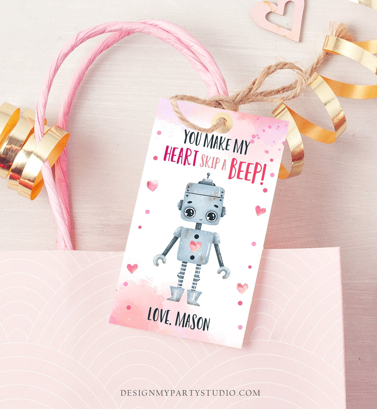 Editable Valentine&#39;s Day Favor Tag Thank You Robot Valentines Tag School You Make My Heart Skip a Beep Non-Candy Printable PRINTABLE 0370