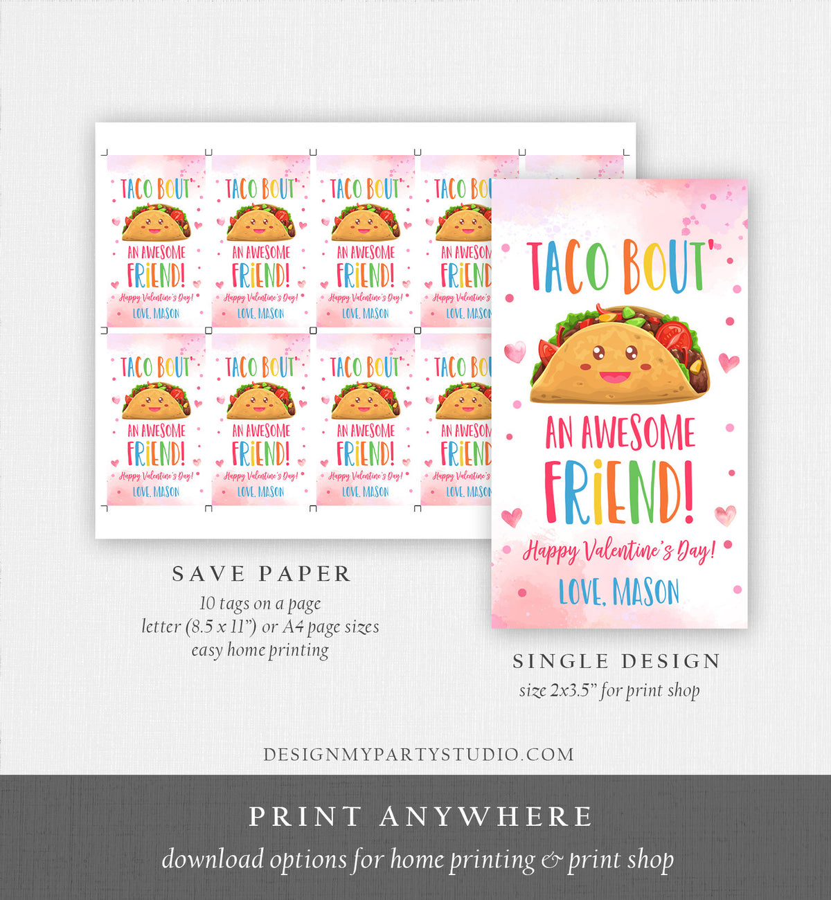 Editable Taco Bout an Awesome Friend Valentine&#39;s Day Favor Tag Thank You Valentines Tag School Non-Candy Printable Digital PRINTABLE 0370