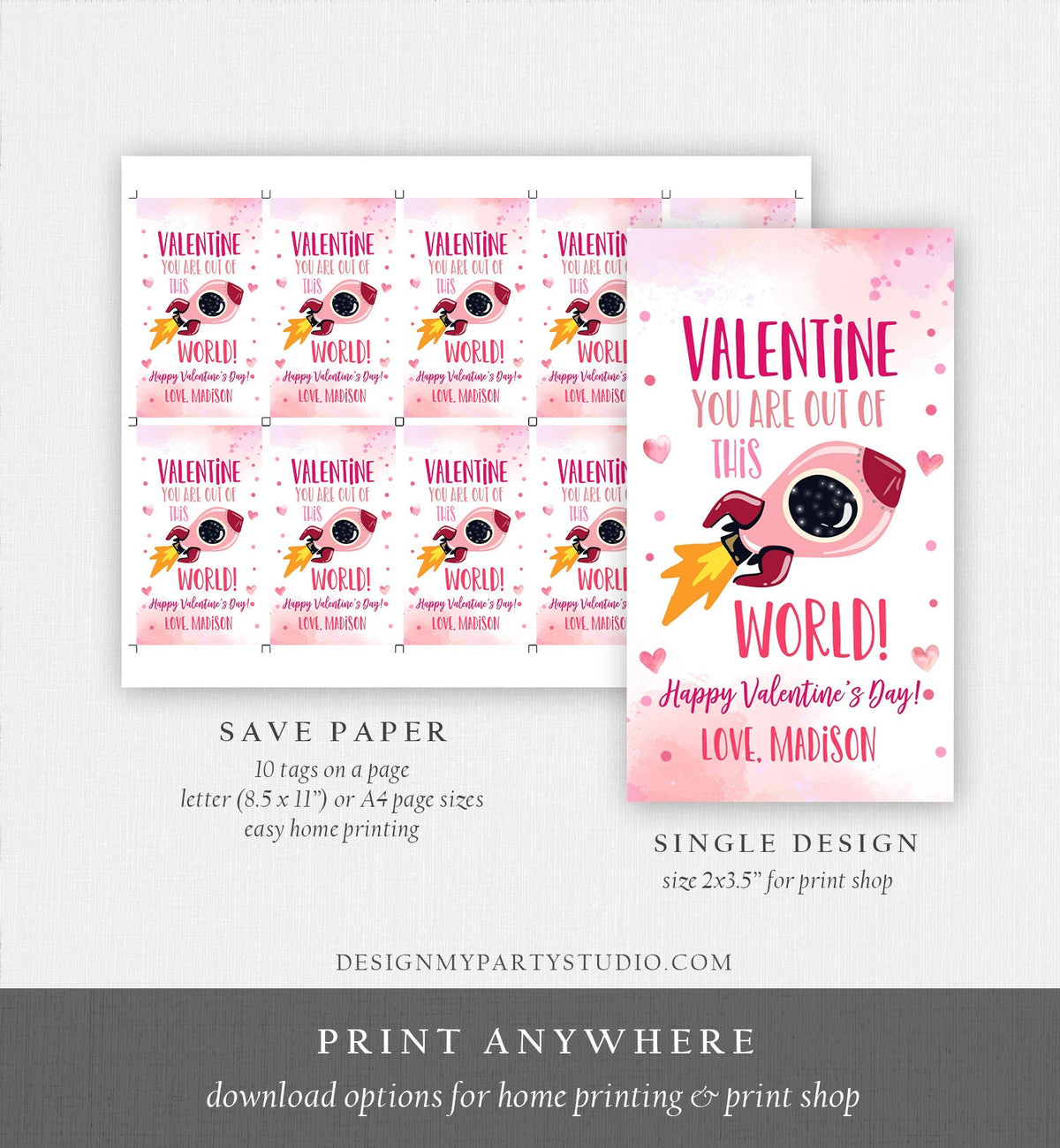 Editable Valentine You Are Out Of This World Favor Tag Thank You Space Rocket Ship Valentine&#39;s Day Tag School Non-Candy Printable 0370