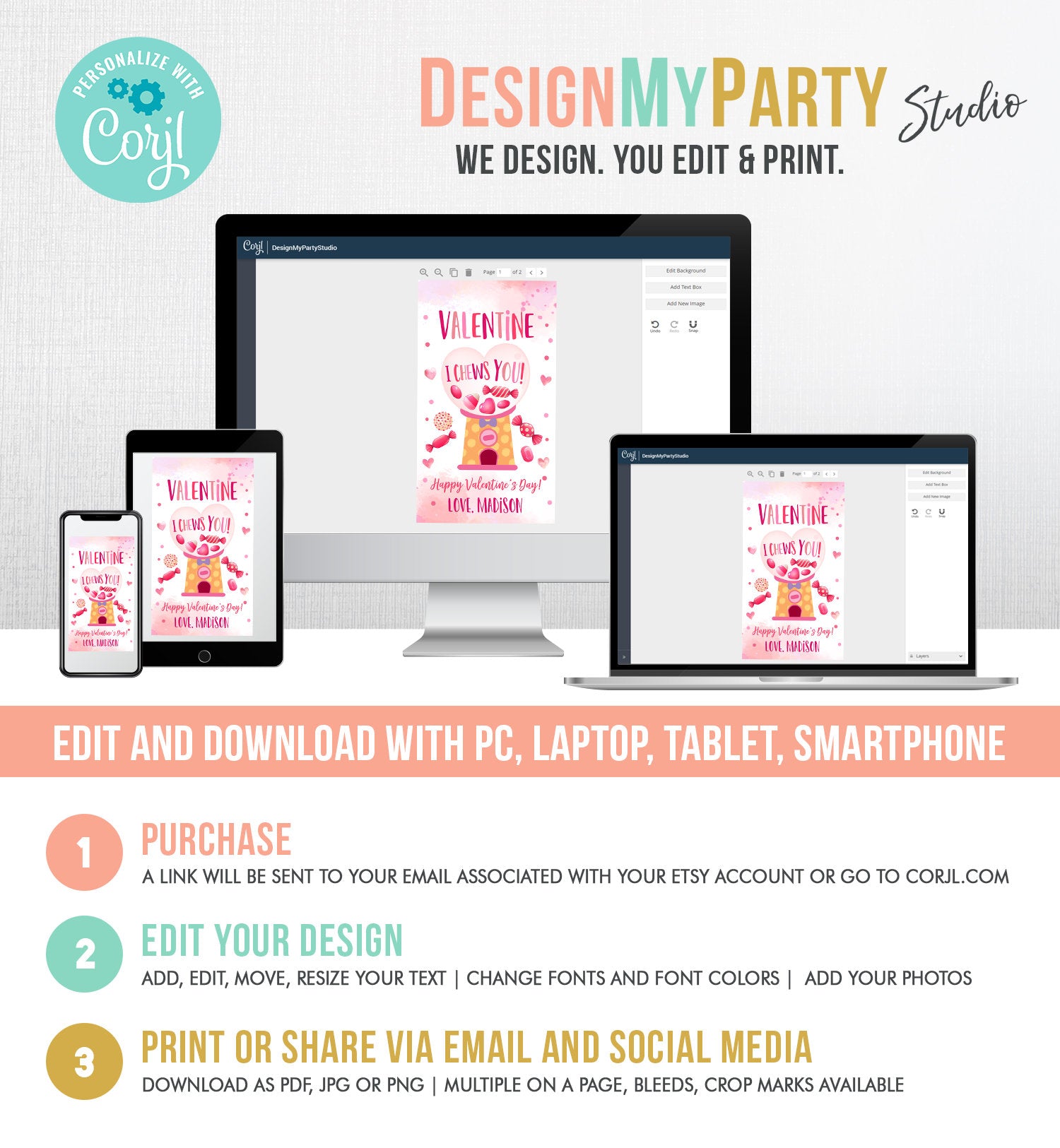 Editable Valentine Bubble Gum Favor Tag Thank You I Chews You Candy Sweet Valentine&#39;s Day School Digital Corjl Template Printable 0370