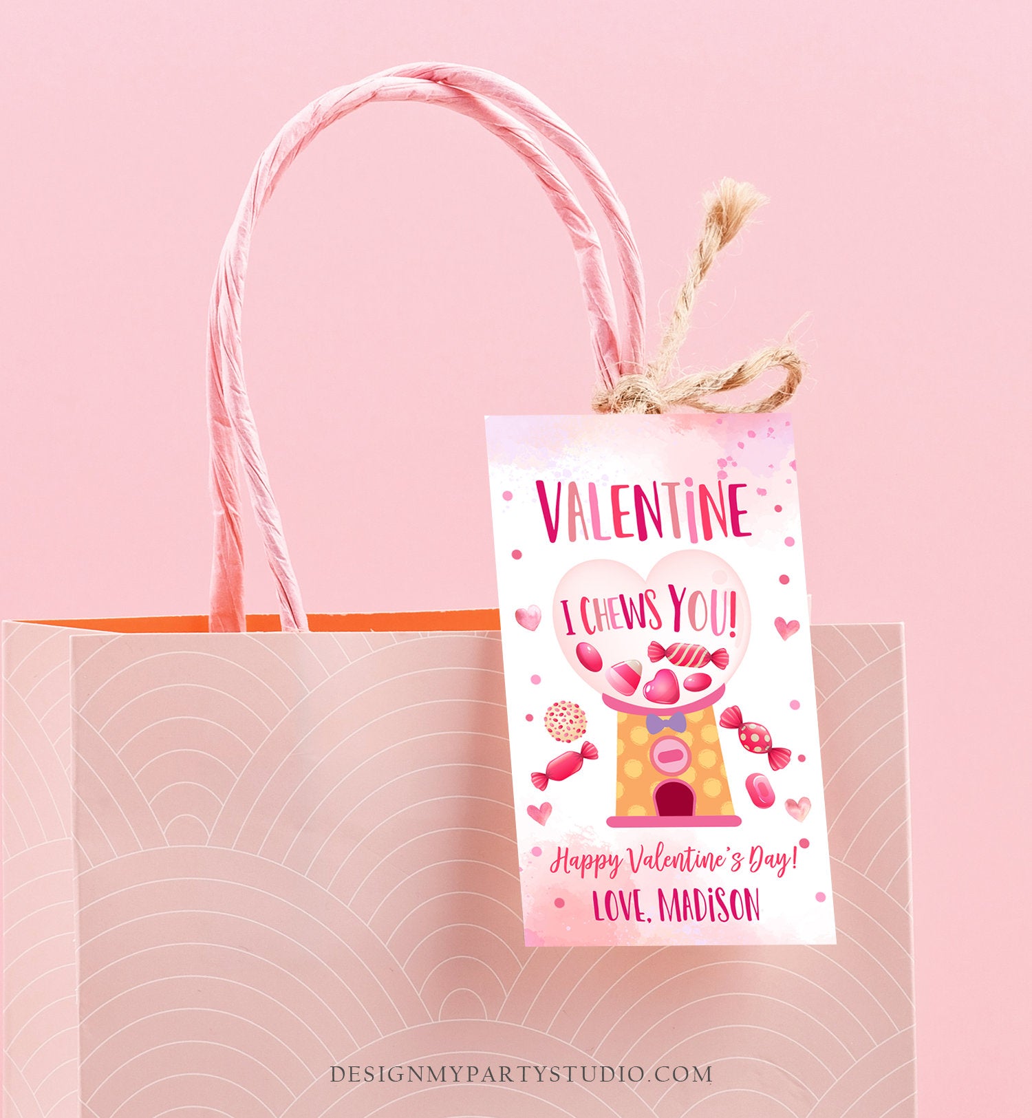 Editable Valentine Bubble Gum Favor Tag Thank You I Chews You Candy Sweet Valentine&#39;s Day School Digital Corjl Template Printable 0370