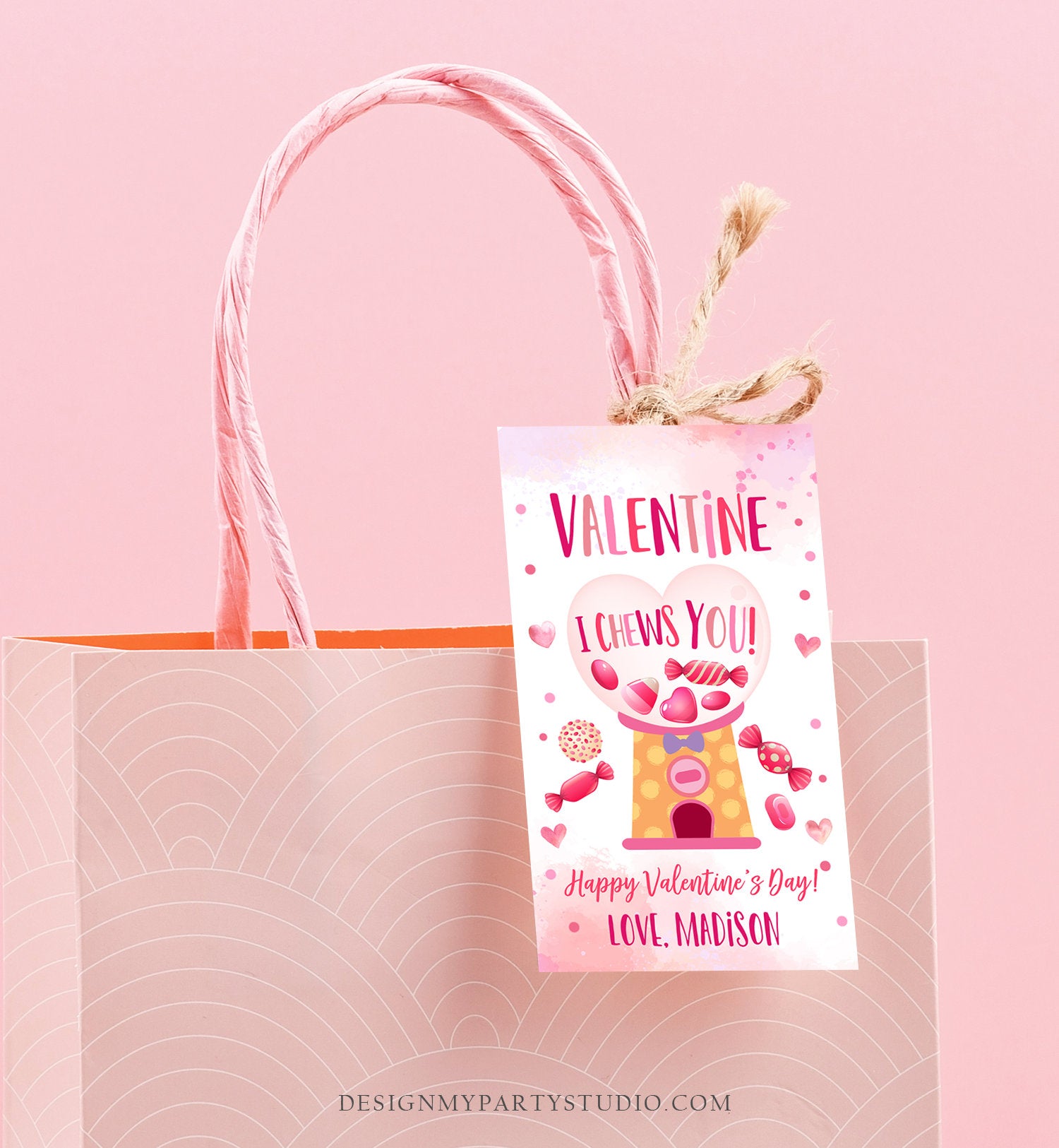 Editable Valentine Bubble Gum Favor Tag Thank You I Chews You Candy Sweet Valentine&#39;s Day School Digital Corjl Template Printable 0370