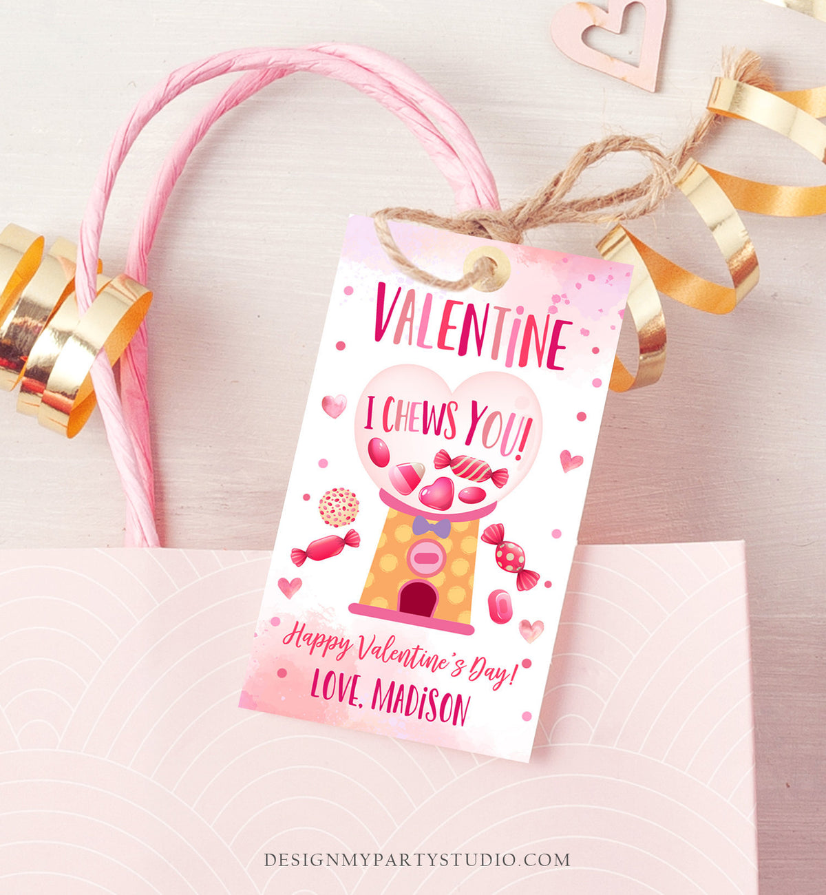Editable Valentine Bubble Gum Favor Tag Thank You I Chews You Candy Sweet Valentine&amp;#39;s Day School Digital Corjl Template Printable 0370