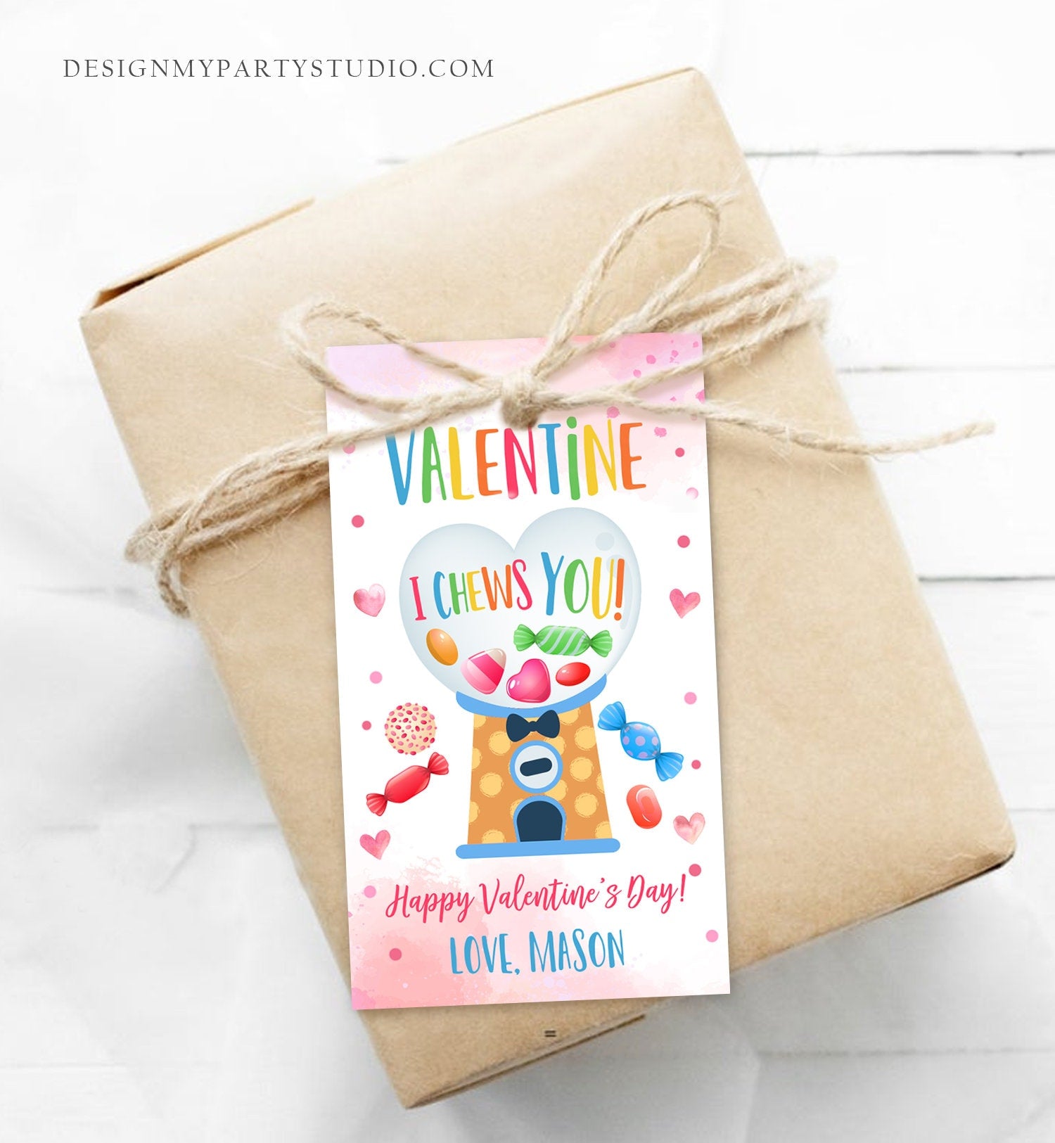Editable Bubble Gum Valentine Favor Tag Thank You I Chews You Candy Sweet Valentine's Day School Digital Corjl Template Printable 0370