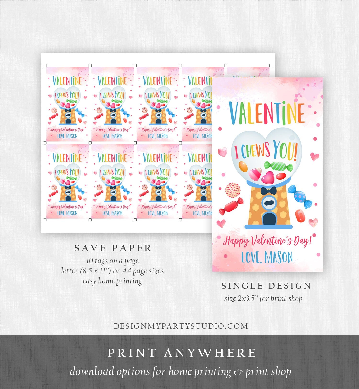 Editable Bubble Gum Valentine Favor Tag Thank You I Chews You Candy Sweet Valentine's Day School Digital Corjl Template Printable 0370
