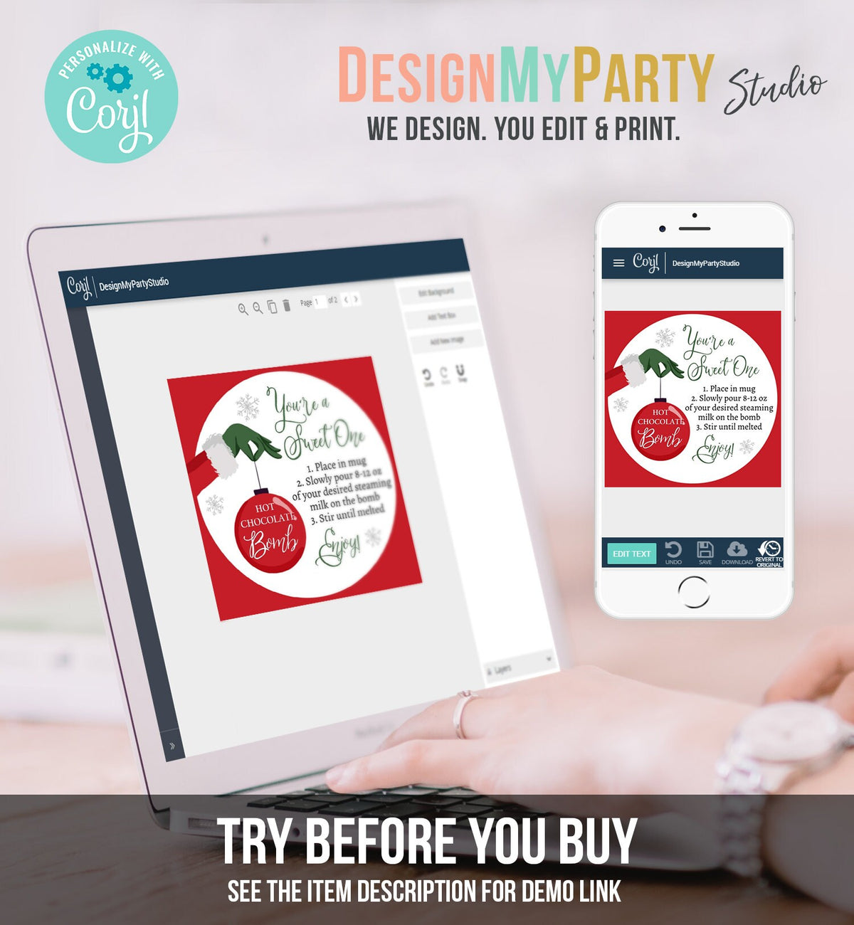 Editable Hot Chocolate Bomb Tags Bomb Instructions Green Red Holiday Favor Tags Winter Christmas You&#39;re a Sweet One Digital PRINTABLE 0358
