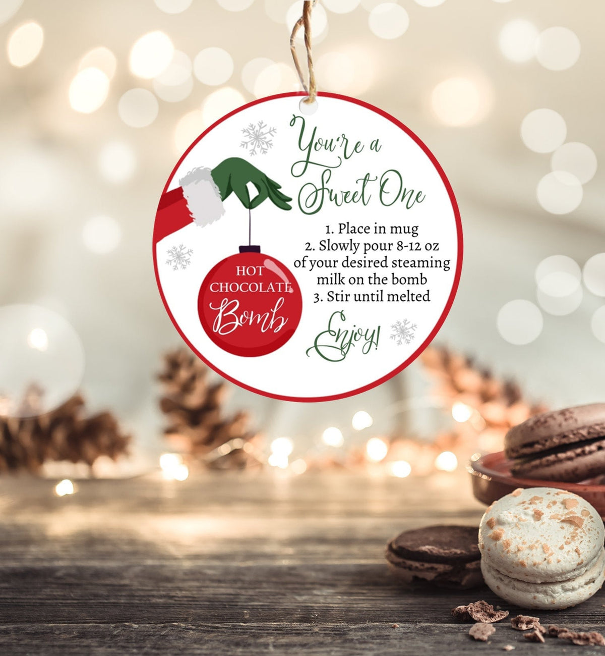 Editable Hot Chocolate Bomb Tags Bomb Instructions Green Red Holiday Favor Tags Winter Christmas You&#39;re a Sweet One Digital PRINTABLE 0358
