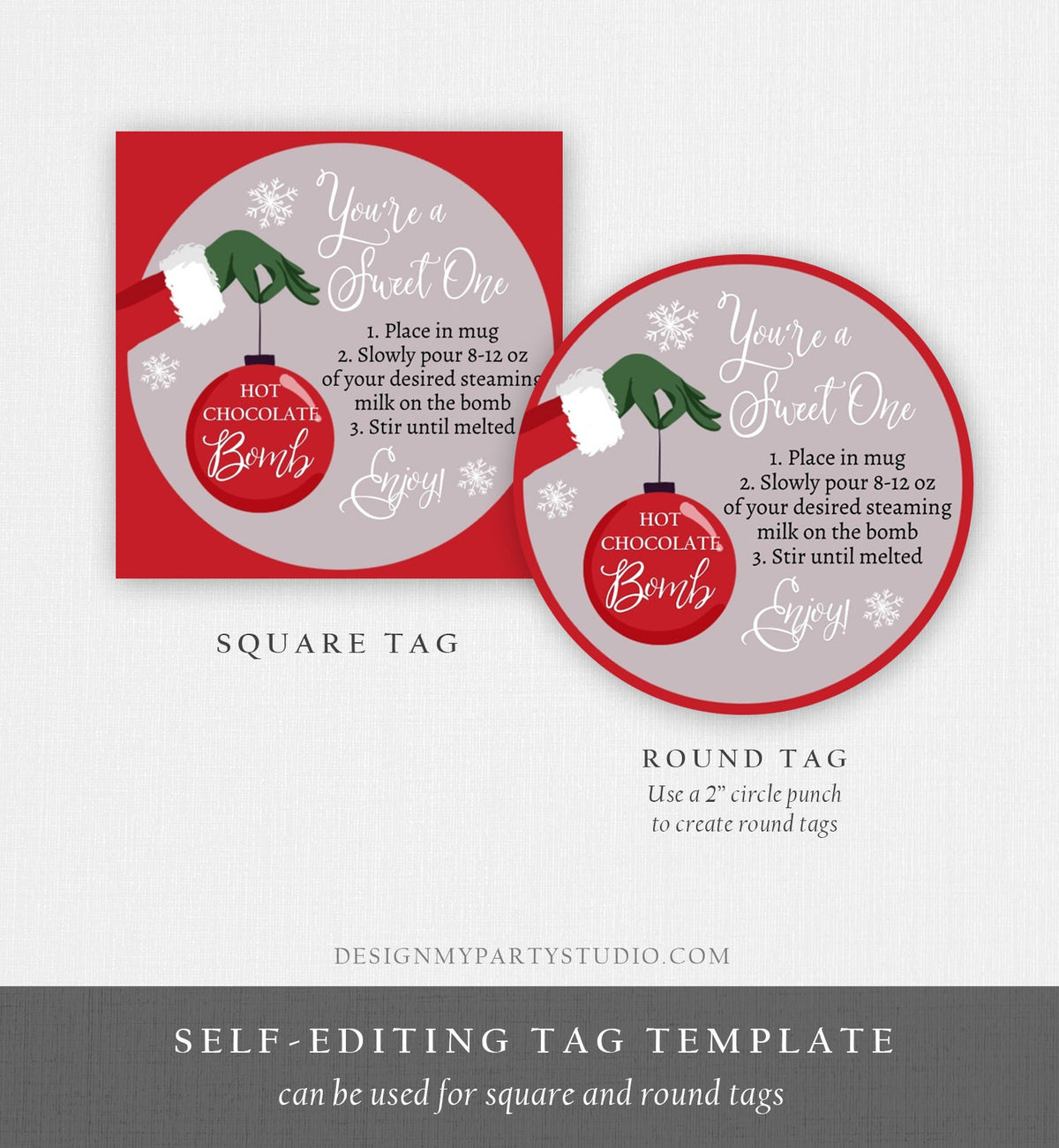 Editable Hot Chocolate Bomb Tags Bomb Instructions Green Red Holiday Favor Tags Winter Christmas You&#39;re a Sweet One Digital PRINTABLE 0353