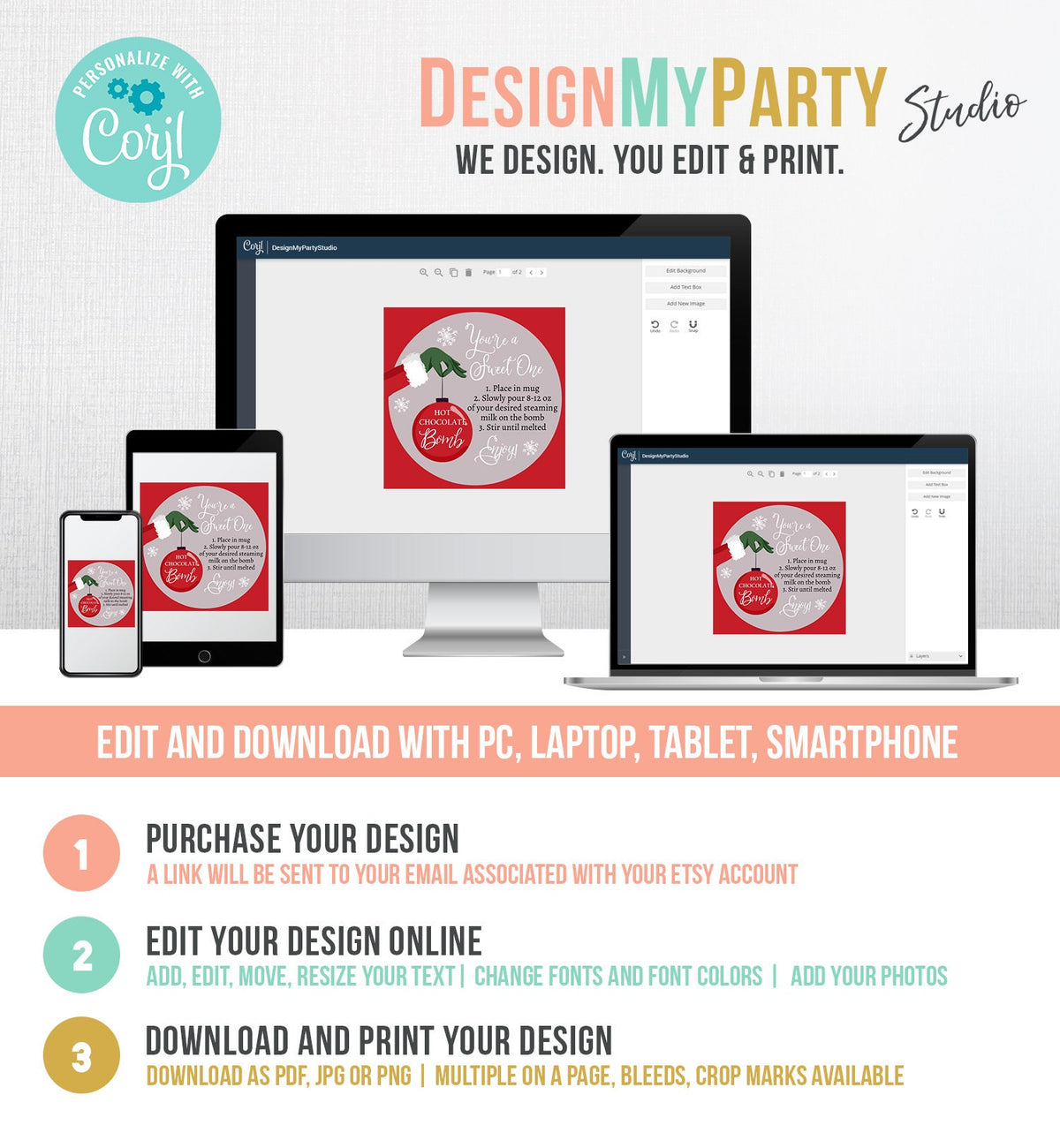 Editable Hot Chocolate Bomb Tags Bomb Instructions Green Red Holiday Favor Tags Winter Christmas You&#39;re a Sweet One Digital PRINTABLE 0353