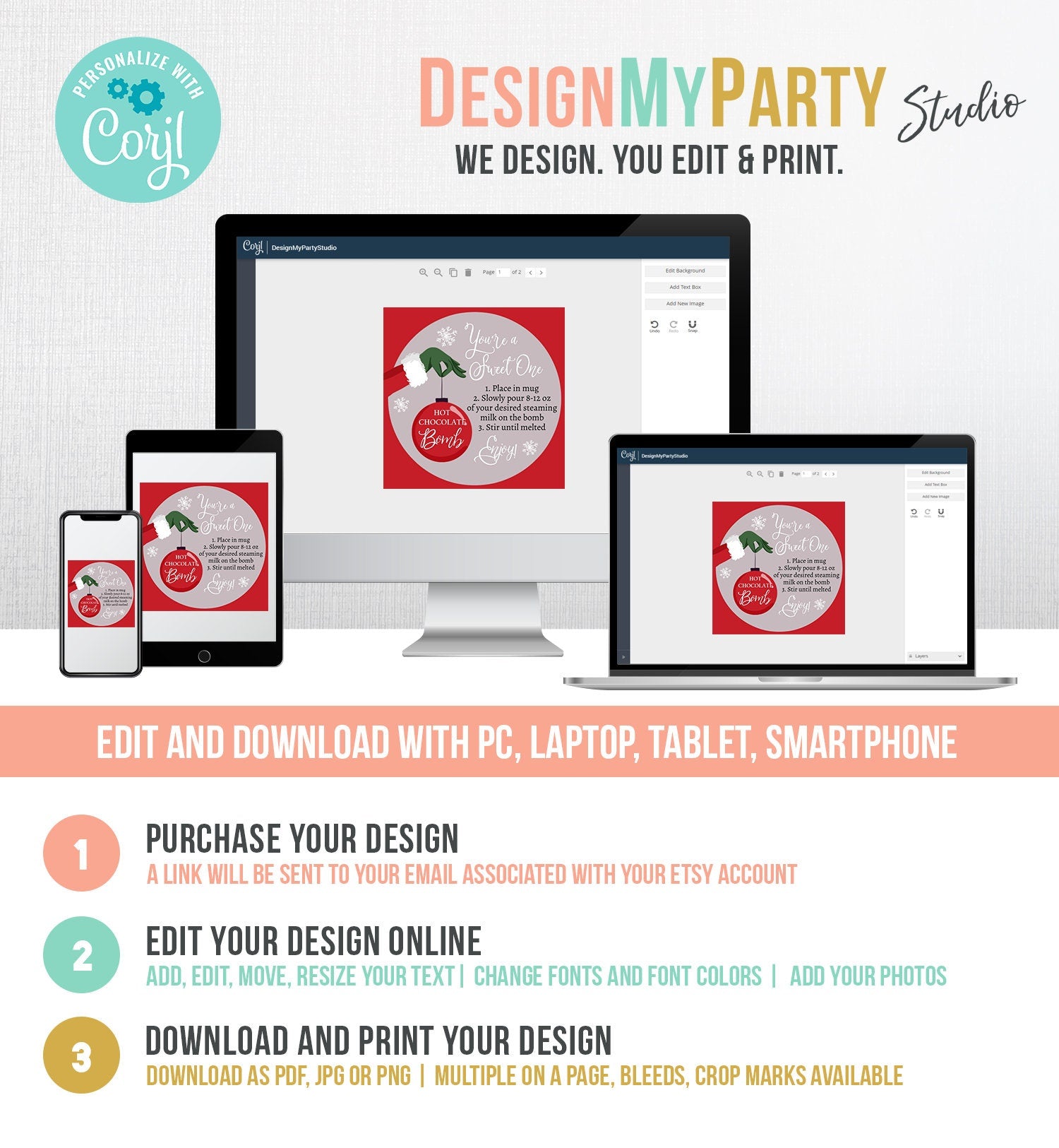 Editable Hot Chocolate Bomb Tags Bomb Instructions Green Red Holiday Favor Tags Winter Christmas You're a Sweet One Digital PRINTABLE 0353
