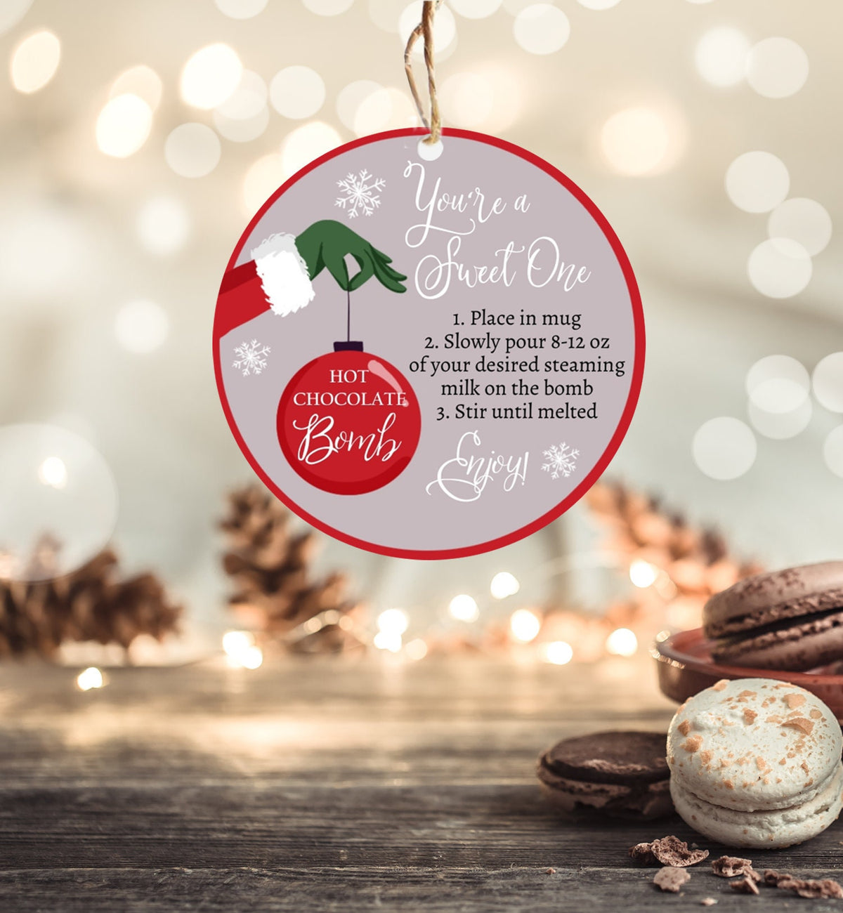 Editable Hot Chocolate Bomb Tags Bomb Instructions Green Red Holiday Favor Tags Winter Christmas You&#39;re a Sweet One Digital PRINTABLE 0353