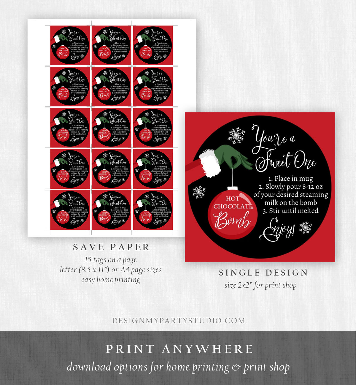 Editable Hot Chocolate Bomb Tags Bomb Instructions Green Red Holiday Favor Tags Winter Christmas You&#39;re a Sweet One Digital PRINTABLE 0353