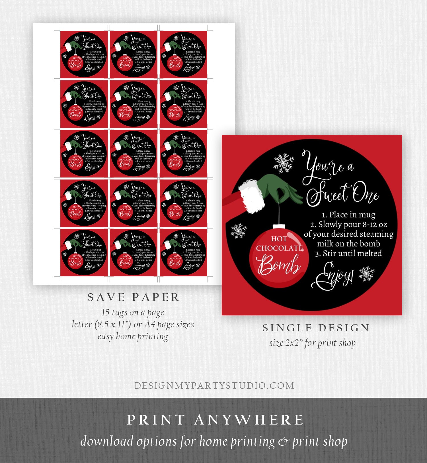 Editable Hot Chocolate Bomb Tags Bomb Instructions Green Red Holiday Favor Tags Winter Christmas You're a Sweet One Digital PRINTABLE 0353