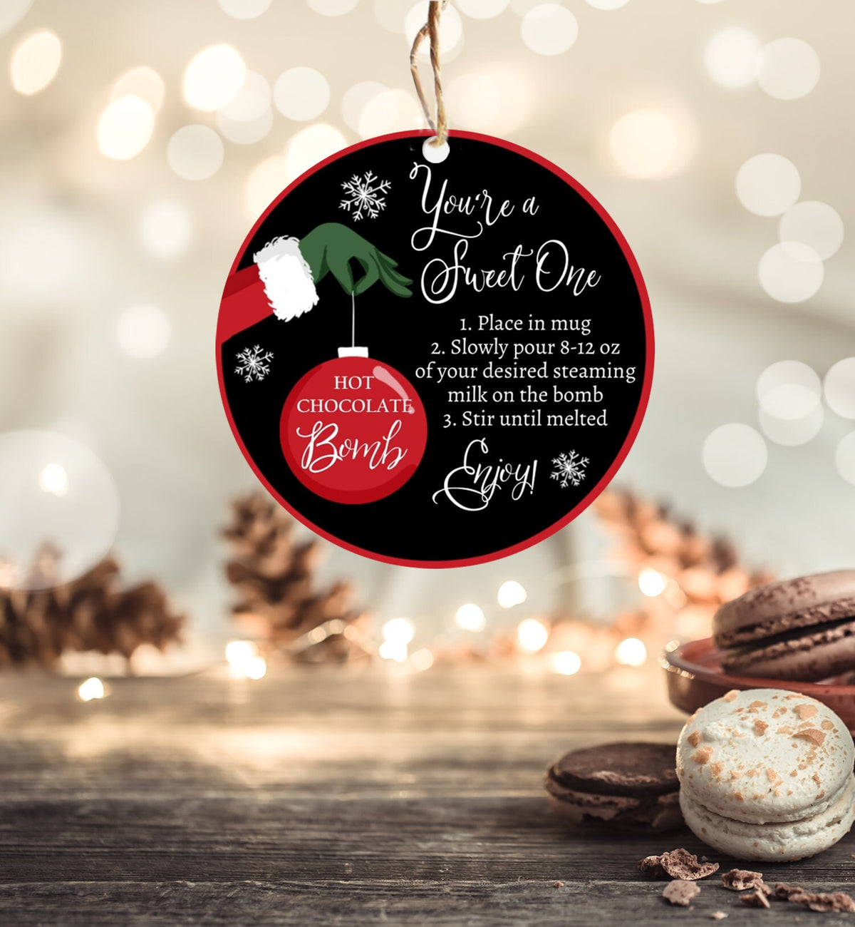 Editable Hot Chocolate Bomb Tags Bomb Instructions Green Red Holiday Favor Tags Winter Christmas You&#39;re a Sweet One Digital PRINTABLE 0353