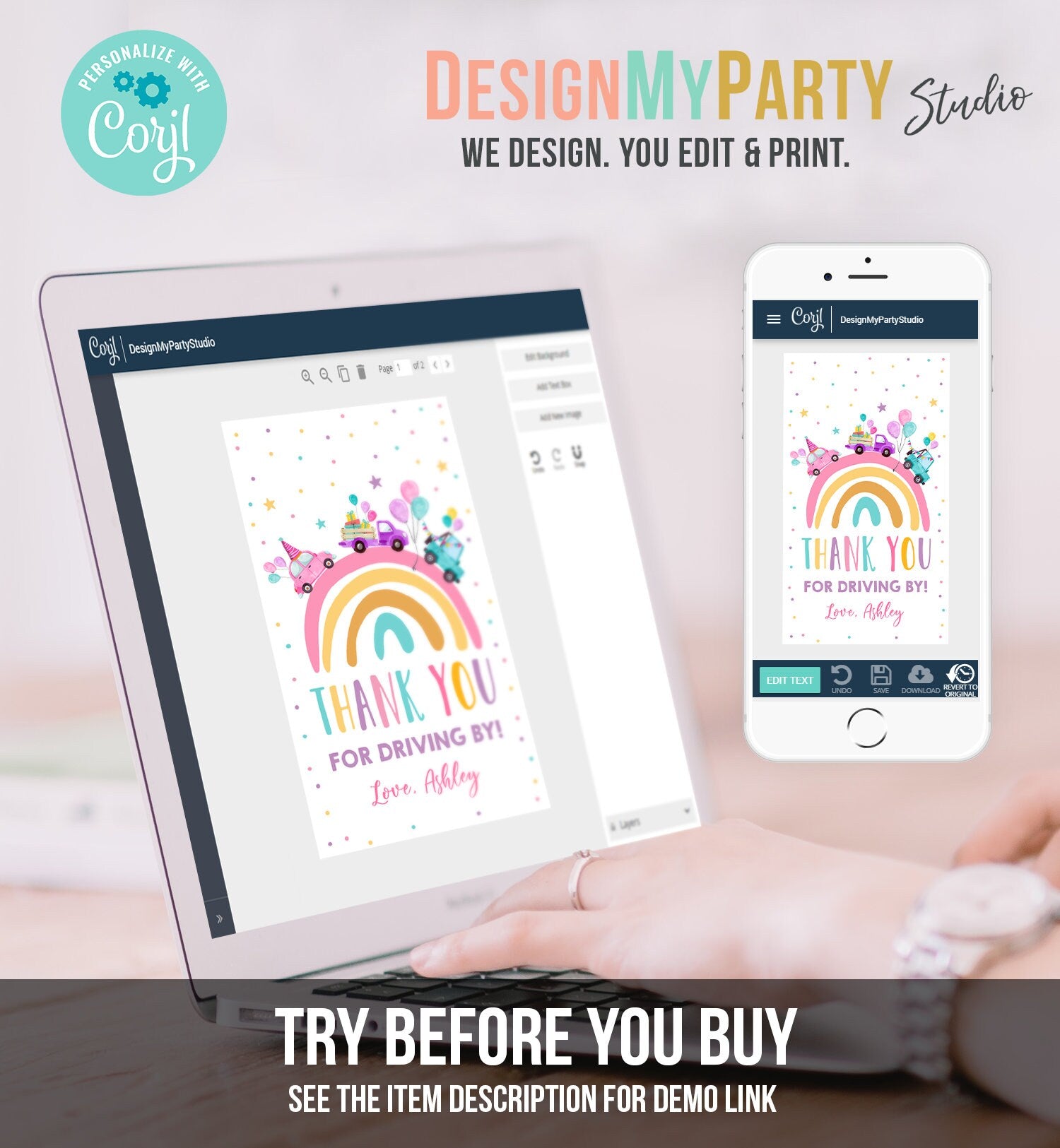Editable Rainbow Favor Tag Drive By Birthday Favors Party Parade Magical Rainbow Thank You Gift Tags Pink Girl Corjl Template Printable 0333