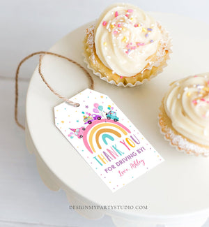 Editable Rainbow Favor Tag Drive By Birthday Favors Party Parade Magical Rainbow Thank You Gift Tags Pink Girl Corjl Template Printable 0333