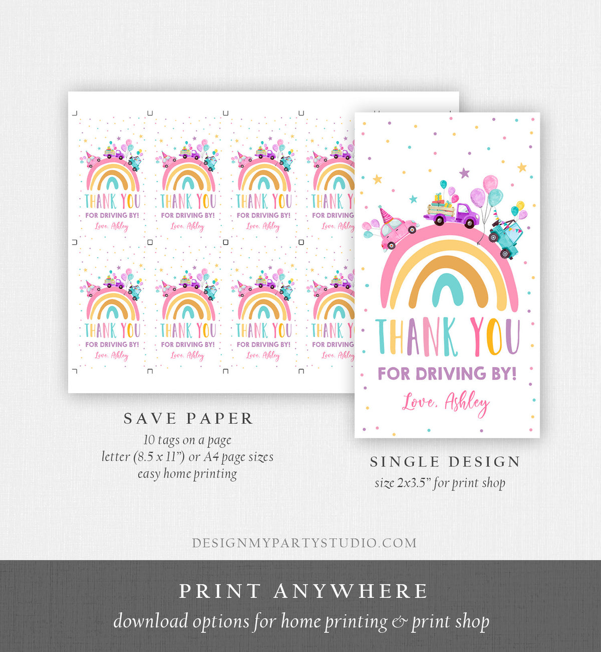 Editable Rainbow Favor Tag Drive By Birthday Favors Party Parade Magical Rainbow Thank You Gift Tags Pink Girl Corjl Template Printable 0333