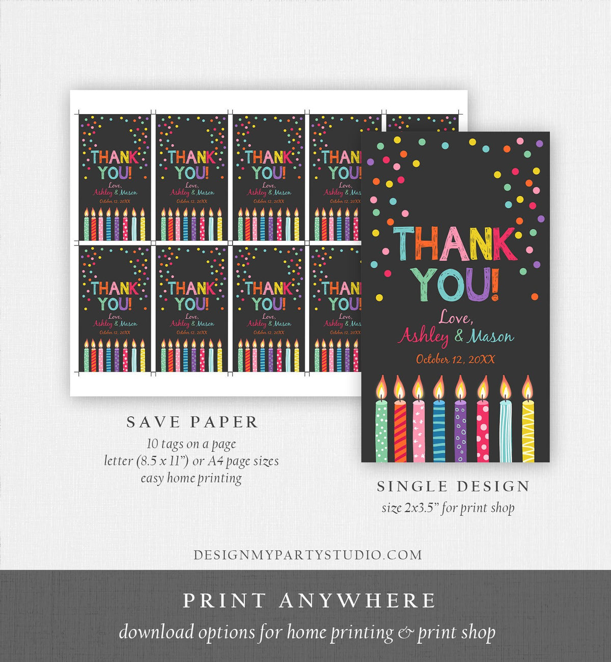 Editable Candles Confetti Favor Tags Joint Twin Birthday Thank You Tags Label Candle Colorful Boy Girl Shower Corjl Template Printable 0277