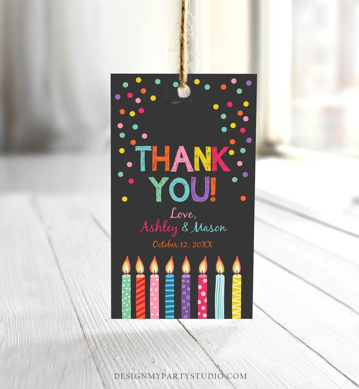 Editable Candles Confetti Favor Tags Joint Twin Birthday Thank You Tags Label Candle Colorful Boy Girl Shower Corjl Template Printable 0277