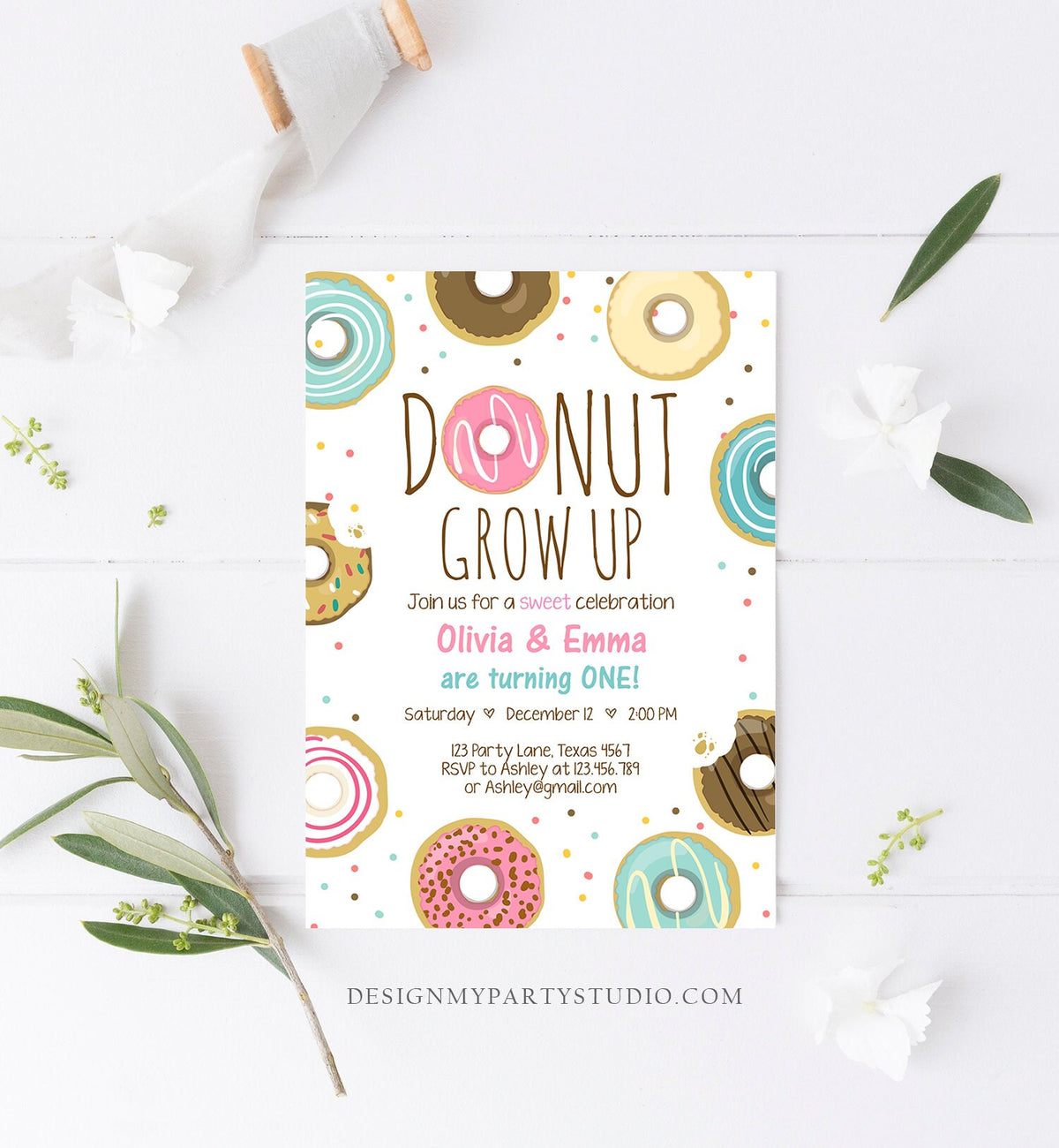 Editable Donut Grow Up Birthday Invitation Twin First Birthday Party Pink Girl Twins Doughnut Sweet Download Printable Template Corjl 0050
