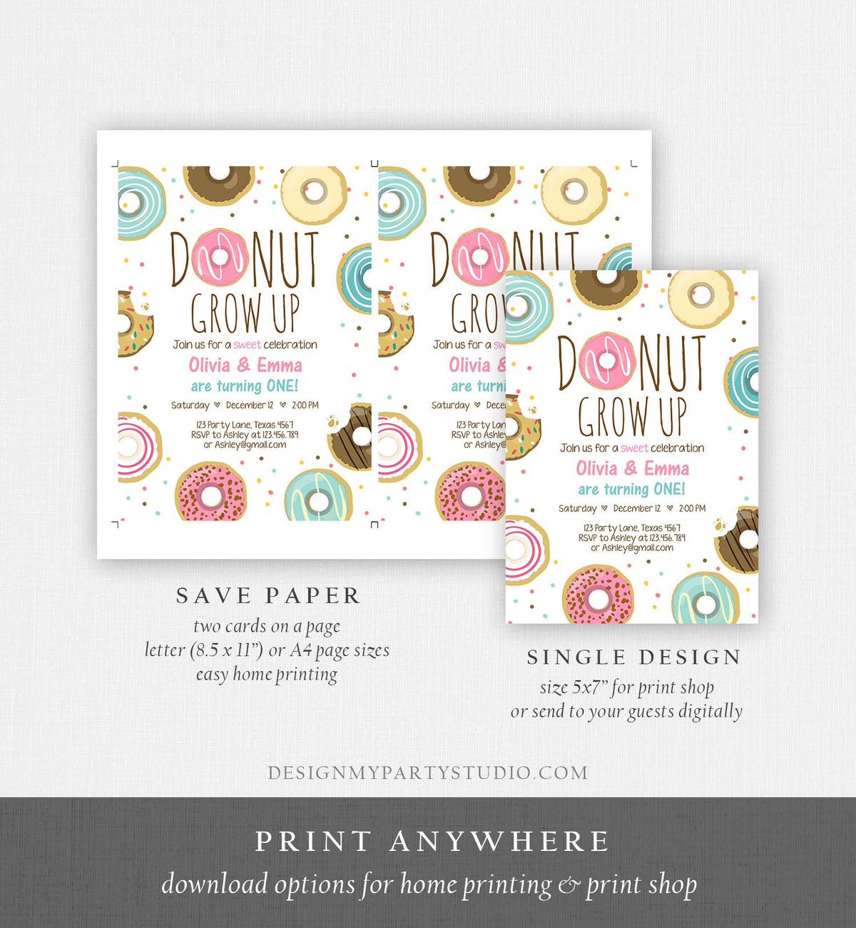 Editable Donut Grow Up Birthday Invitation Twin First Birthday Party Pink Girl Twins Doughnut Sweet Download Printable Template Corjl 0050