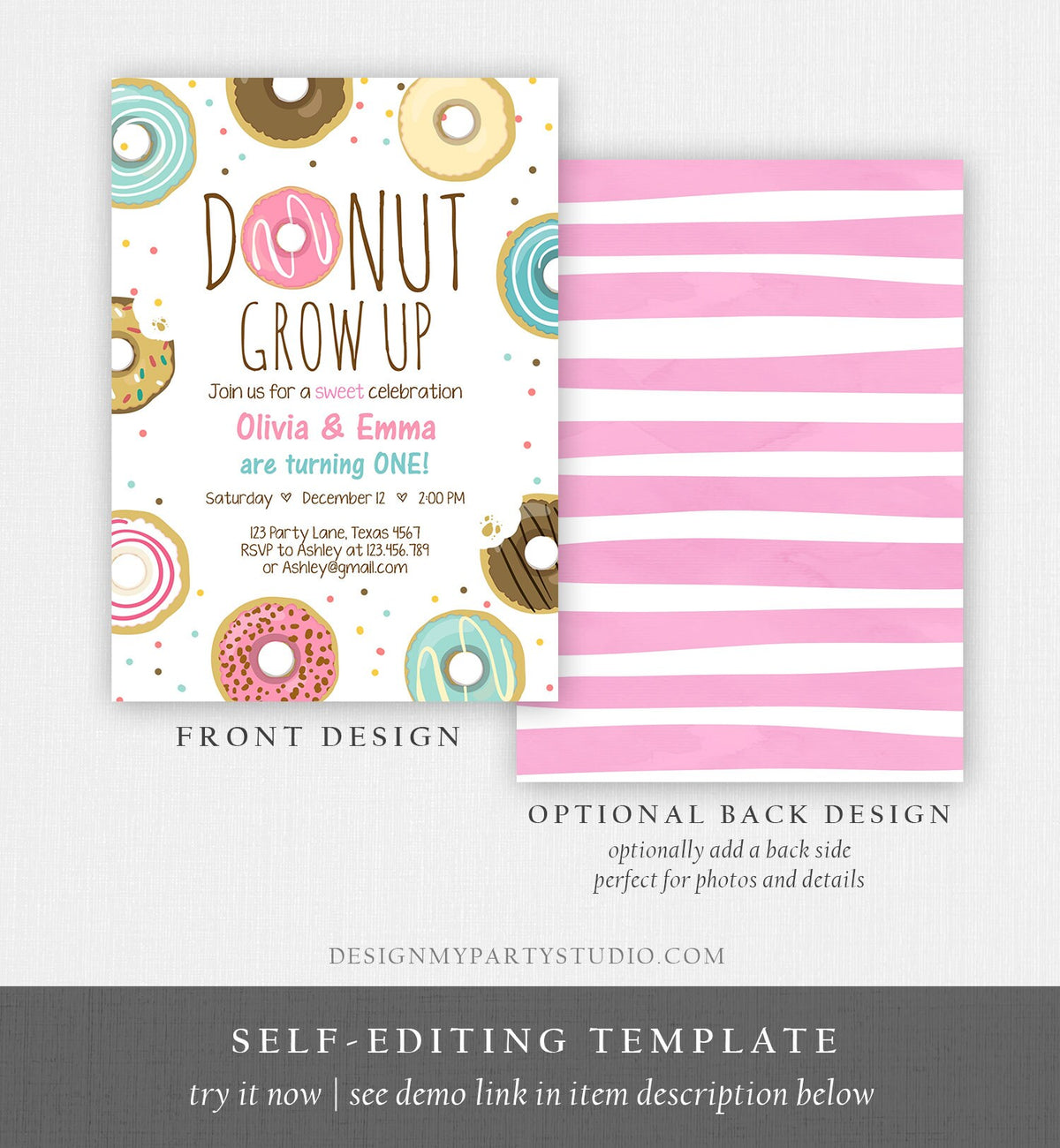Editable Donut Grow Up Birthday Invitation Twin First Birthday Party Pink Girl Twins Doughnut Sweet Download Printable Template Corjl 0050