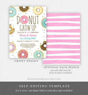 Editable Donut Grow Up Birthday Invitation Twin First Birthday Party Pink Girl Twins Doughnut Sweet Download Printable Template Corjl 0050