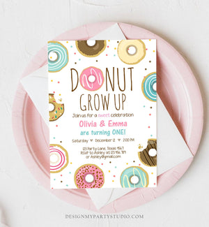 Editable Donut Grow Up Birthday Invitation Twin First Birthday Party Pink Girl Twins Doughnut Sweet Download Printable Template Corjl 0050