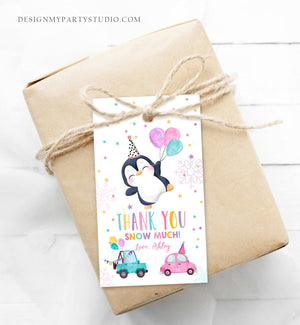 Editable Penguin Favor Tag Drive By Birthday Favors Party Parade Snow Winter Thank You Gift Tags Pink Girl Corjl Template Printable 0372
