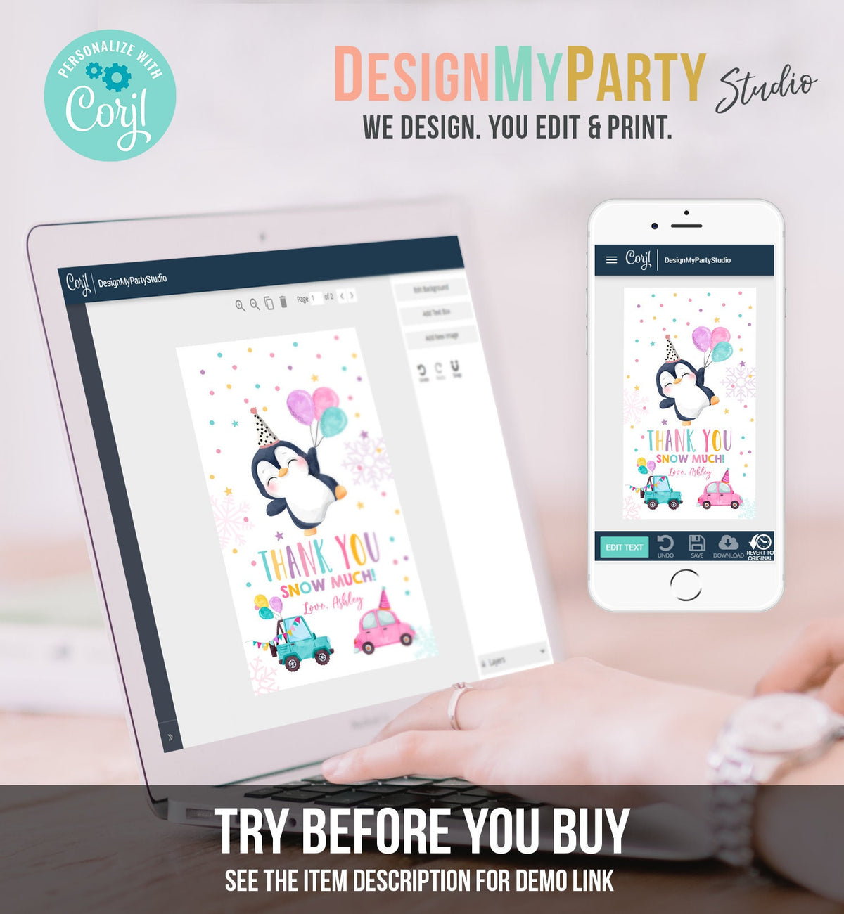 Editable Penguin Favor Tag Drive By Birthday Favors Party Parade Snow Winter Thank You Gift Tags Pink Girl Corjl Template Printable 0372