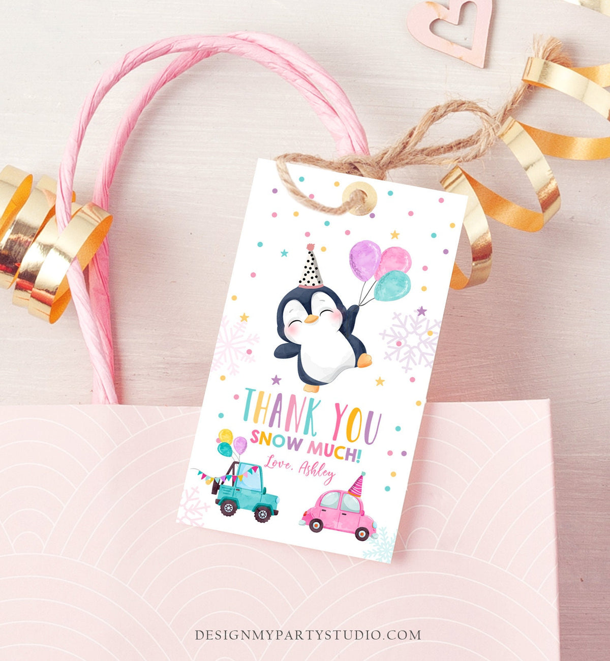 Editable Penguin Favor Tag Drive By Birthday Favors Party Parade Snow Winter Thank You Gift Tags Pink Girl Corjl Template Printable 0372