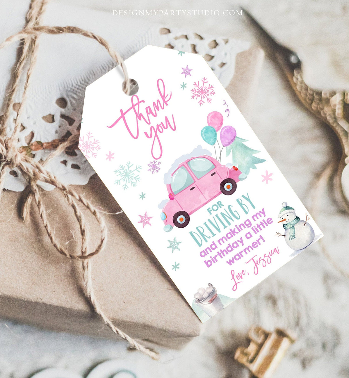 Editable Winter Drive By Favor Tag Drive By Birthday Party Parade Thank You Gift Tags Quarantine Pink Car Girl Corjl Template Printable 0333
