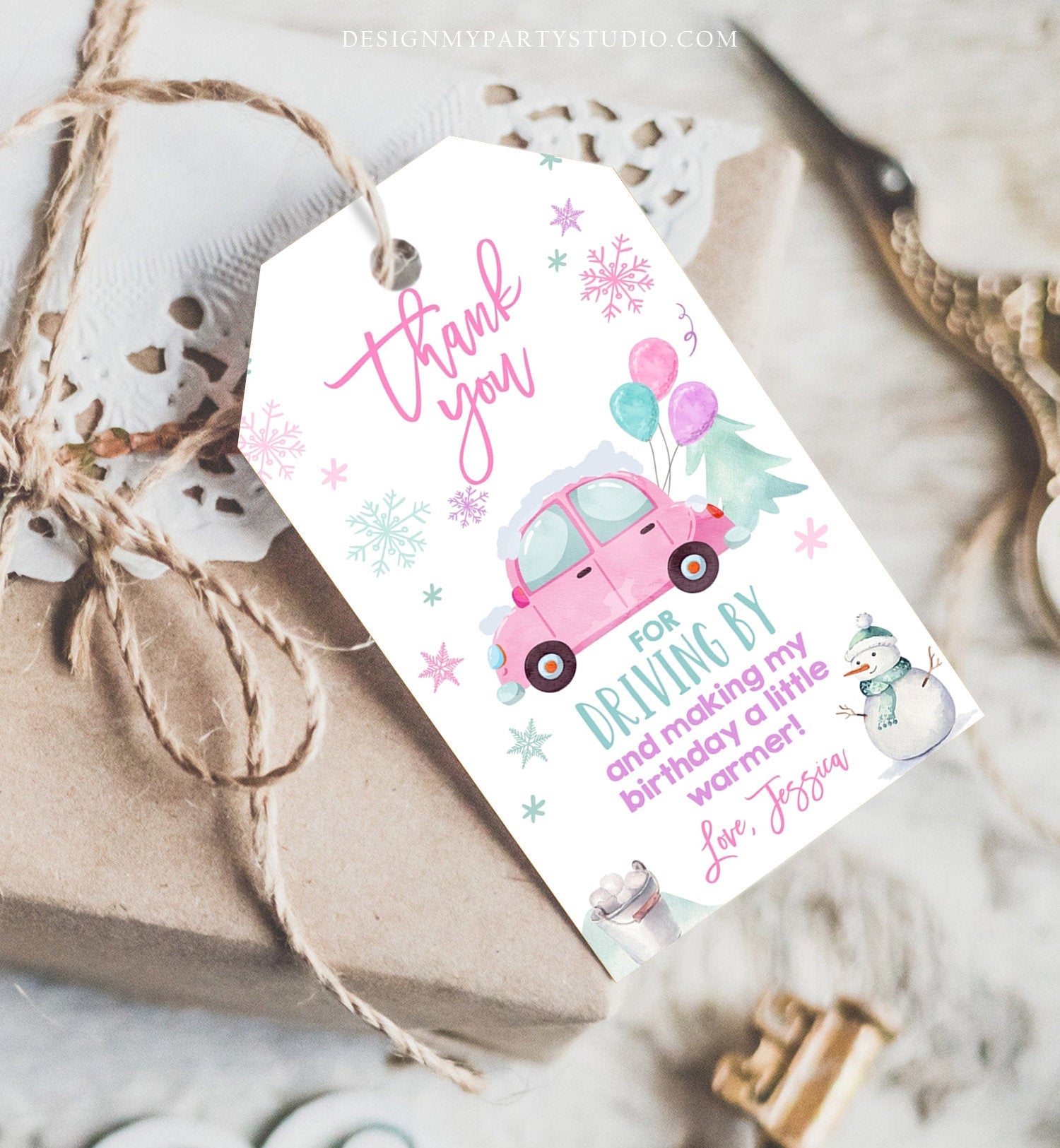 Editable Winter Drive By Favor Tag Drive By Birthday Party Parade Thank You Gift Tags Quarantine Pink Car Girl Corjl Template Printable 0333