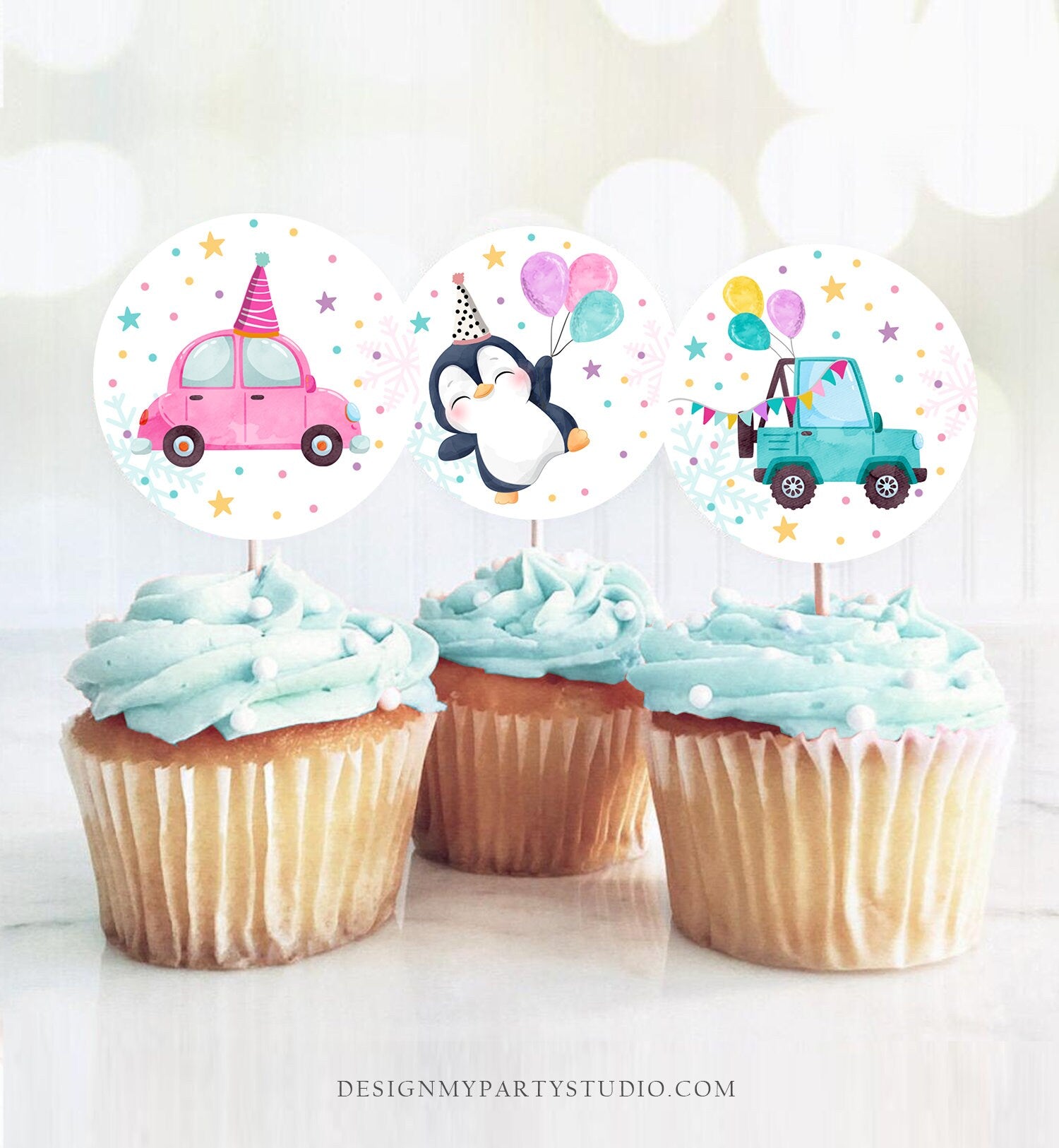 Winter Drive By Birthday Cupcake Toppers Penguin Favor Tags Winter Birthday Parade Quarantine Driving By Download Digital PRINTABLE 0372