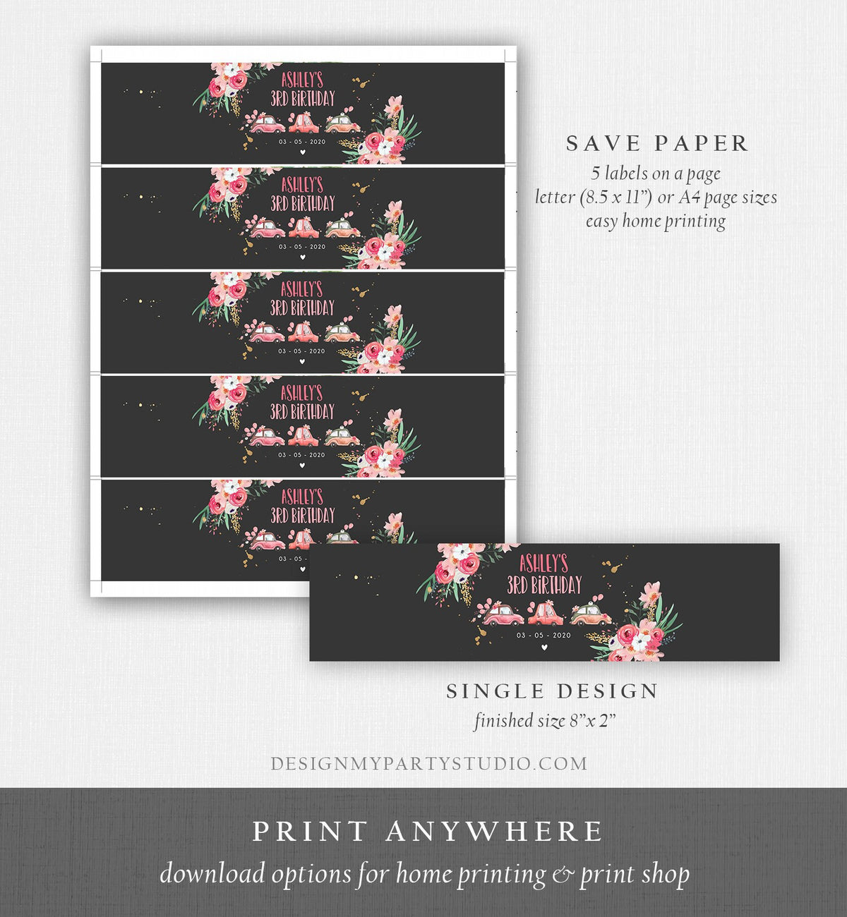 Editable Water Bottle Labels Drive By Birthday Decor Blush Pink Gold Floral Flowers Quarantine Printable Bottle Label Template Corjl 0335