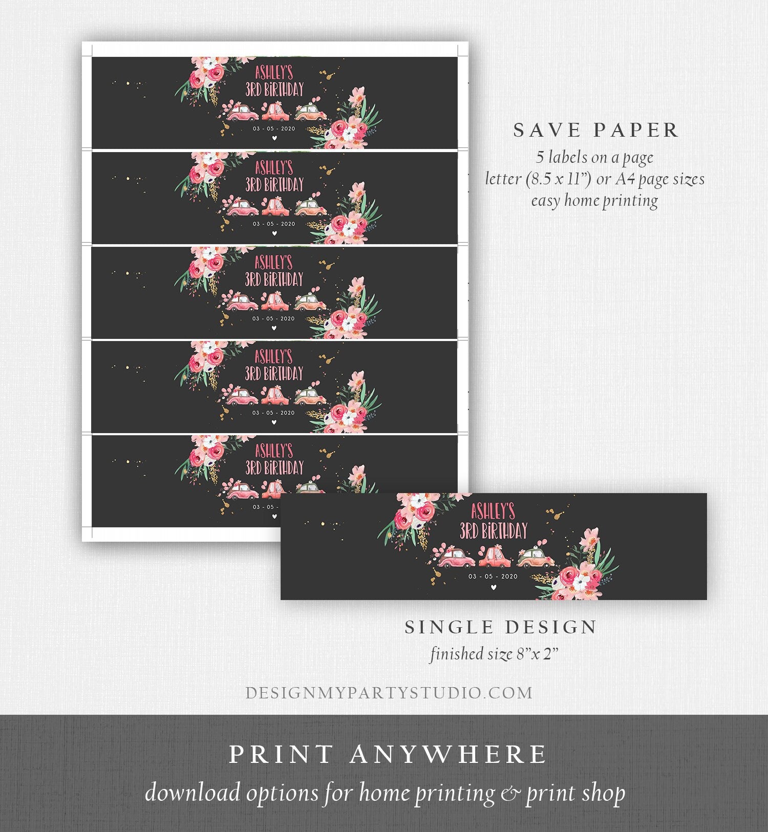 Editable Water Bottle Labels Drive By Birthday Decor Blush Pink Gold Floral Flowers Quarantine Printable Bottle Label Template Corjl 0335