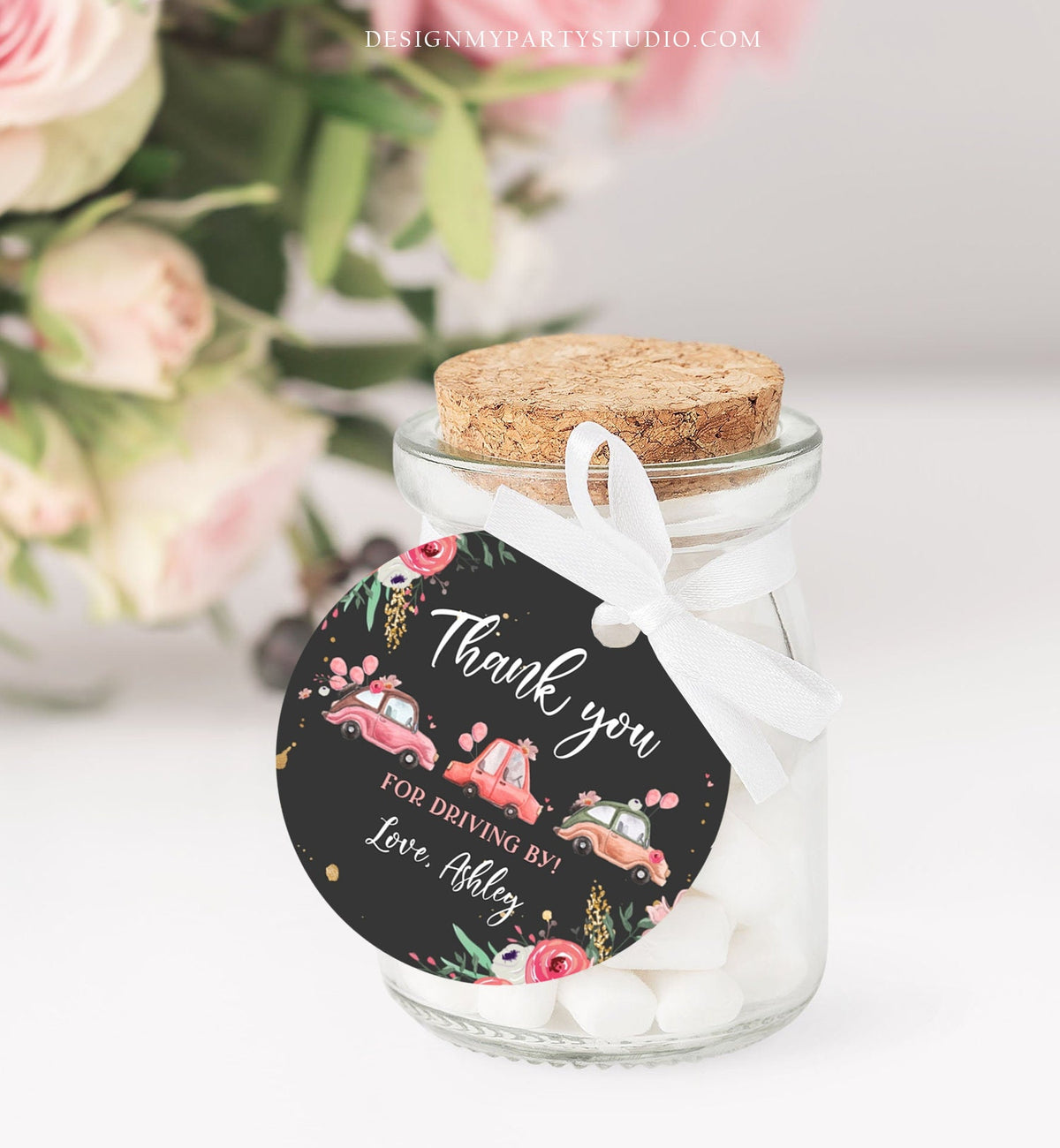 Editable Drive By Favor Tag Thank You Driving By Baby Shower Birthday Parade Gift Tags Quarantine Pink Floral Car Girl Corjl Template 0335