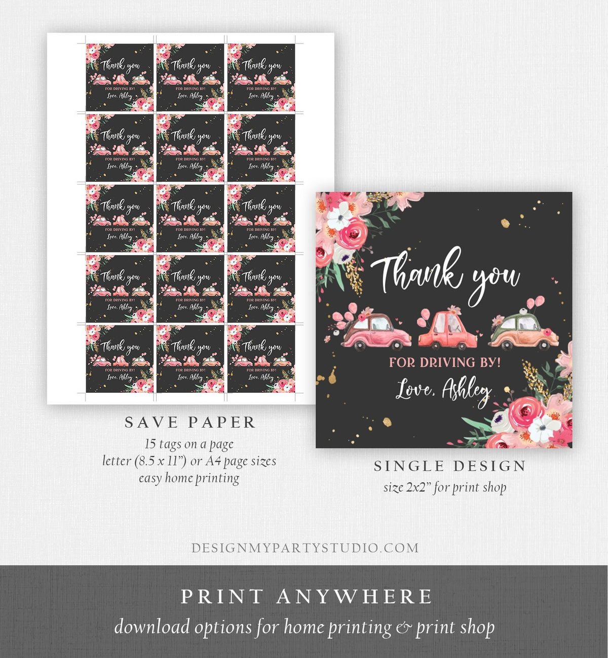 Editable Drive By Favor Tag Thank You Driving By Baby Shower Birthday Parade Gift Tags Quarantine Pink Floral Car Girl Corjl Template 0335