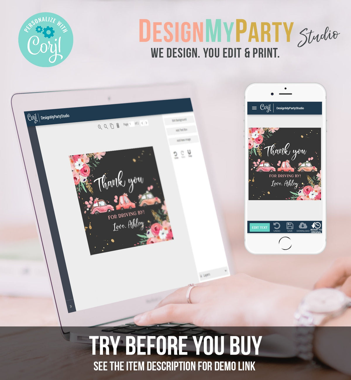 Editable Drive By Favor Tag Thank You Driving By Baby Shower Birthday Parade Gift Tags Quarantine Pink Floral Car Girl Corjl Template 0335