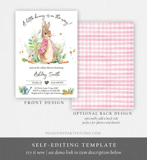 Editable Flopsy Bunny Baby Shower Invitation Girl Pink Rustic Peter Rabbit Invitation Spring Sprinkle Digital Corjl Template Printable 0351