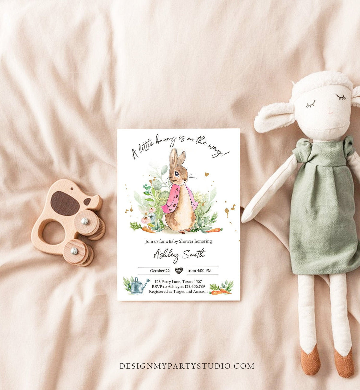Editable Flopsy Bunny Baby Shower Invitation Girl Pink Rustic Peter Rabbit Invitation Spring Sprinkle Digital Corjl Template Printable 0351