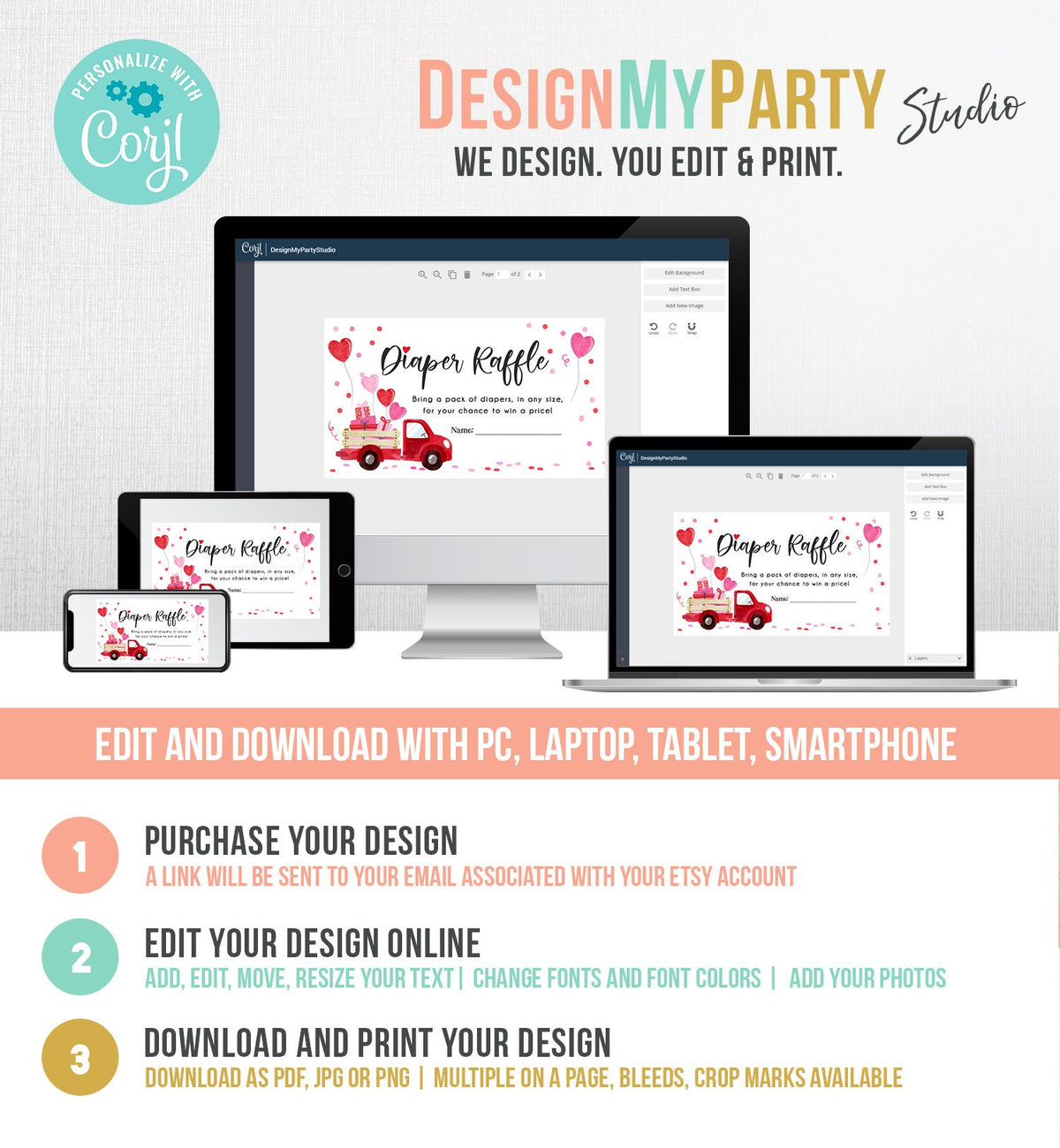 Editable Drive By Diaper Raffle Ticket Sweetheart Valentine Baby Shower Hearts Pink Girl Red Through Truck Diaper Game Corjl Template 0365